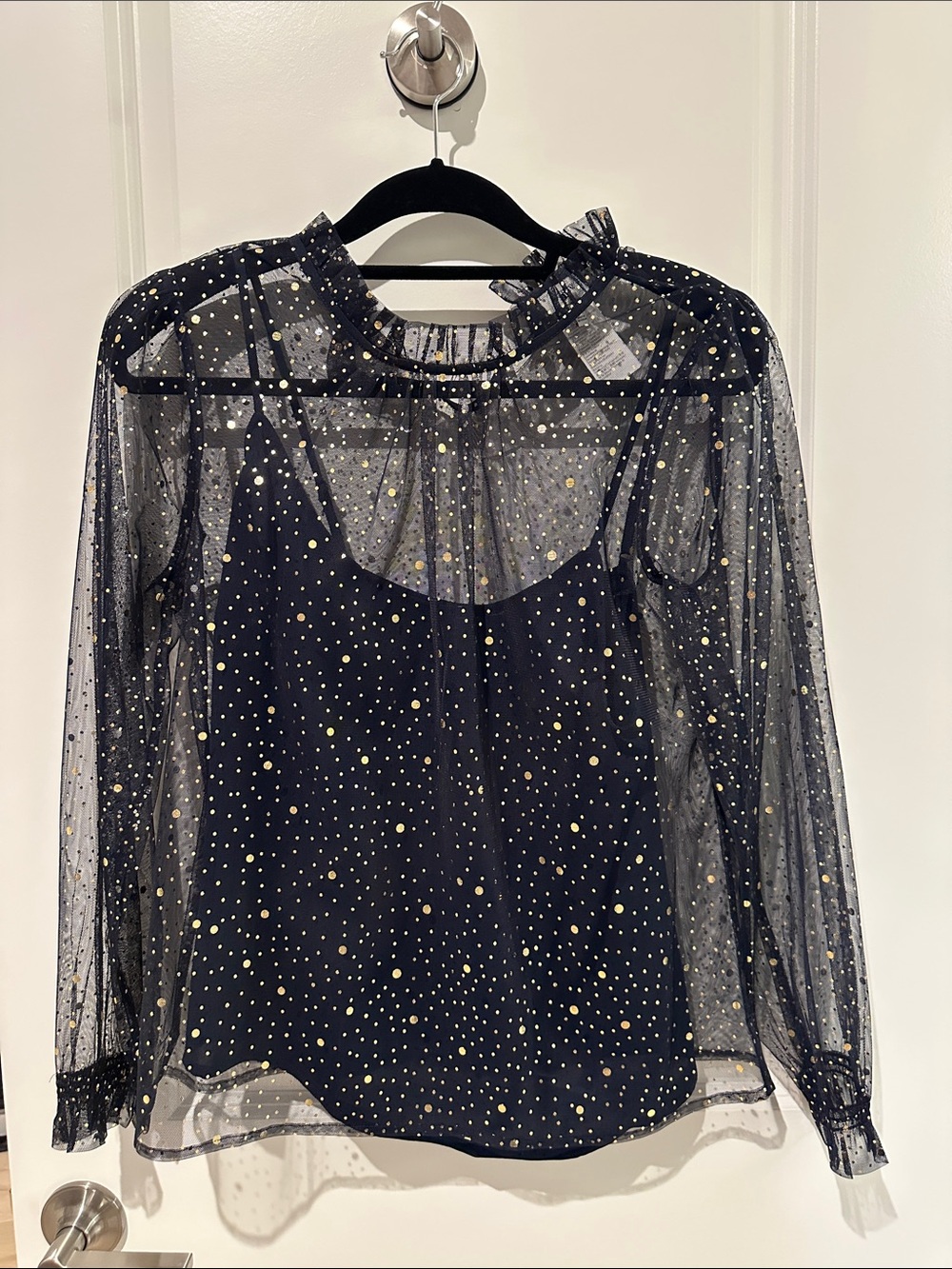 J. Crew Black Sheer Polka Dot Ruffle-Neck Blouse with Gold Dots